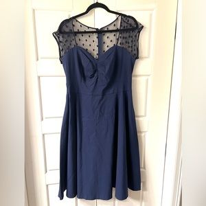 Torrid Stretchy Dark Navy Blue size 12 Formal mini Dress w/ Polka Dot Sleeves